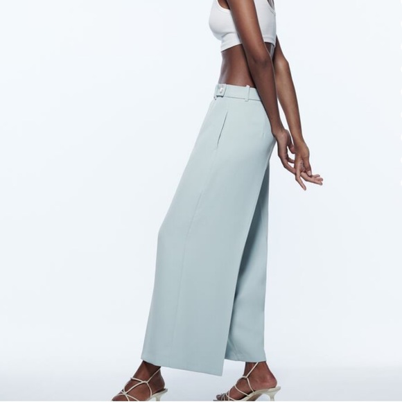 ZARA WOMAN MENSWEAR STYLE WIDE LEG PANTS GREEN / BLUE Pastel Size M - Picture 4 of 15